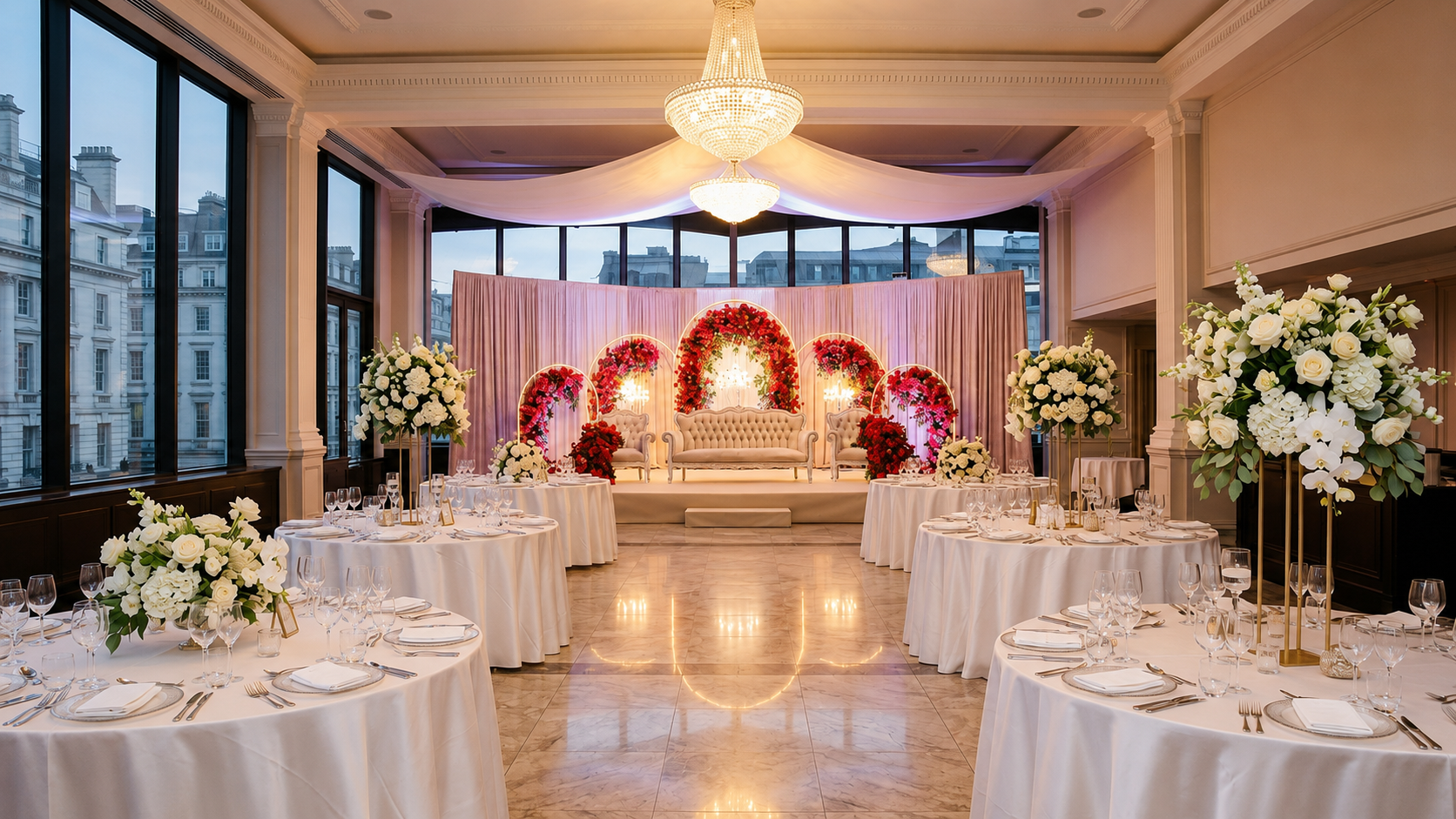 Luxury wedding stage and elegant guest seating setup