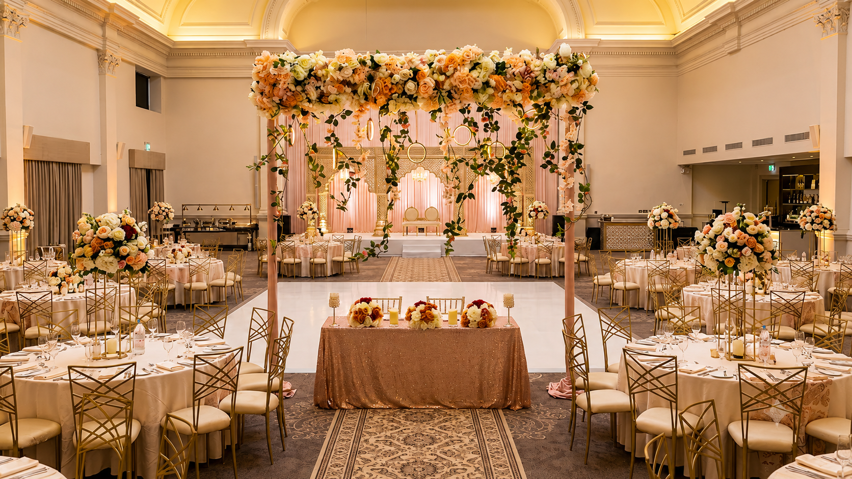 Elegant Asian wedding venue with floral décor